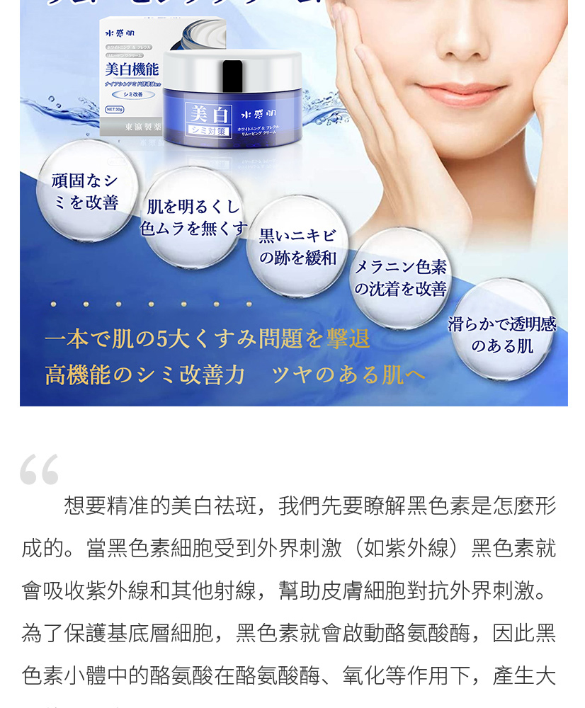 因此，美白祛斑是護膚當中最重要的一步。 想要精准的美白祛斑，我們先要瞭解黑色素是怎麼形成的。當黑色素細胞受到外界刺激（如紫外線）黑色素就會吸收紫外線和其他射線，幫助皮膚細胞對抗外界刺激。為了保護基底層細胞，黑色素就會啟動酪氨酸酶，因此黑色素小體中的酪氨酸在酪氨酸酶、氧化等作用下，產生大量的黑色素。