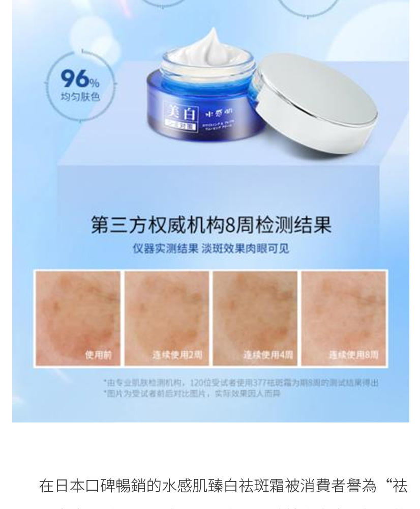 水感肌以追尋科技之光的理念與日本多所高校及多家實驗室合作，深耕皮膚健康領域。水感肌琦瑂臻白祛斑霜是歷經30年研發出的“頂級產品”，質地輕盈啞光棉絨，一抹瞬間滲入肌底，不厚重不悶痘，不黏膩清爽好吸收。長期使用可細膩膚質、收縮毛孔、淡化色素沉著、痘印、色斑，為你全方位解決肌膚問題。