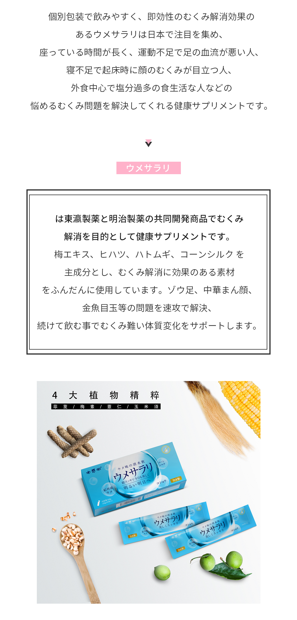 個別包装で飲みやすく、即効性のむくみ解消効果のあるウメサラリは日本で注目を集め、座っている時間が長く、運動不足で足の血流が悪い人、寝不足で起床時に顔のむくみが目立つ人、外食中心で塩分過多の食生活な人などの悩めるむくみ問題を解決してくれる健康サプリメントです。ウメサラリは東瀛製薬と明治製薬の共同開発商品でむくみ解消を目的として健康サプリメントです。梅エキス、ヒハツ、ハトムギ、コーンシルク を主成分とし、むくみ解消に効果のある素材をふんだんに使用しています。ゾウ足、中華まん顔、金魚目玉等の問題を速攻で解決、続けて飲む事でむくみ難い体質変化をサポートします。