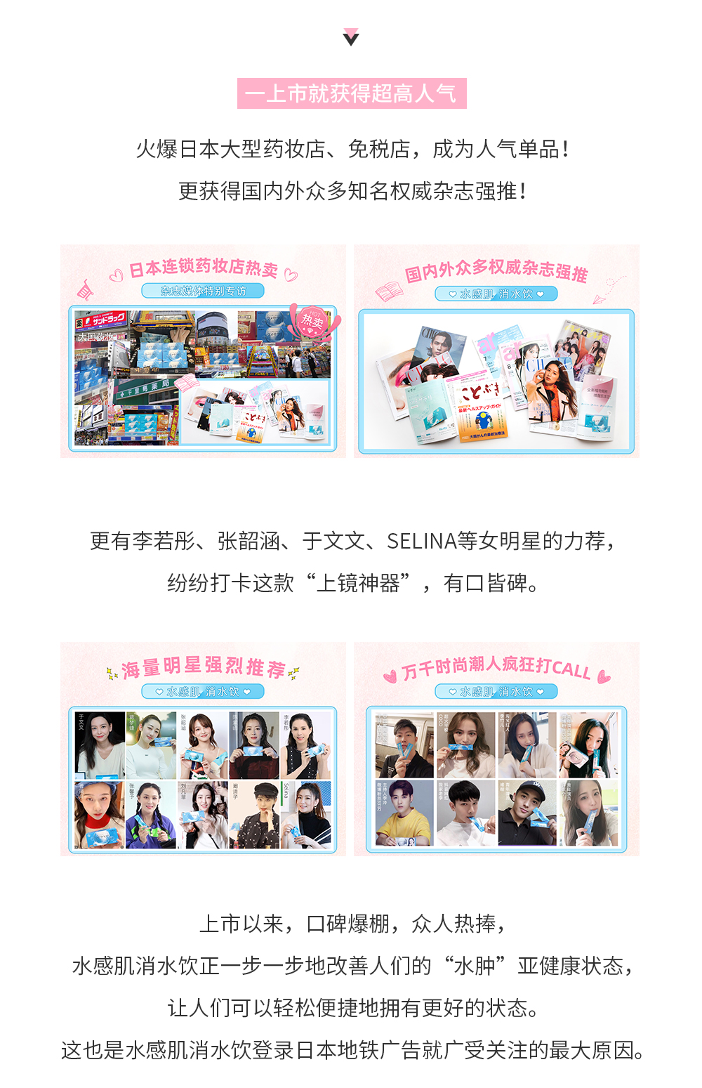 一上市就获得超高人气，火爆日本大型药妆店、免税店，成为人气单品！更获得国内外众多知名权威杂志强推！更有李若彤、张韶涵、于文文、Selina等女明星的力荐，纷纷打卡这款“上镜神器”，有口皆碑。上市以来，口碑爆棚，众人热捧，水感肌消水饮正一步一步地改善人们的“水肿”亚健康状态，让人们可以轻松便捷地拥有更好的状态。这也是水感肌消水饮登录日本地铁广告就广受关注的最大原因。